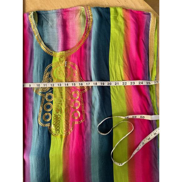 Rainbow Sequined Peace Mudra Festival Long Caftan Kaftan Swimsuit Cover Dress - Picture 6 of 8